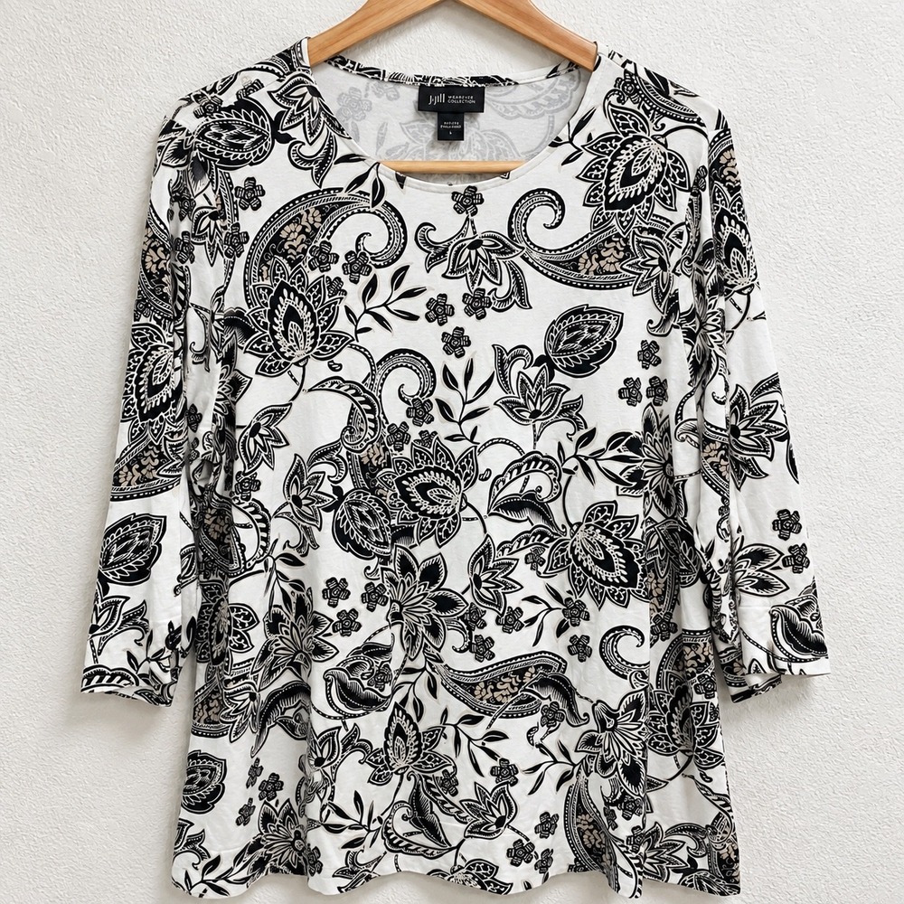 J. Jill Wearever Paisley Floral Top Large L Black White 3/4 Sleeve Stretch Tee